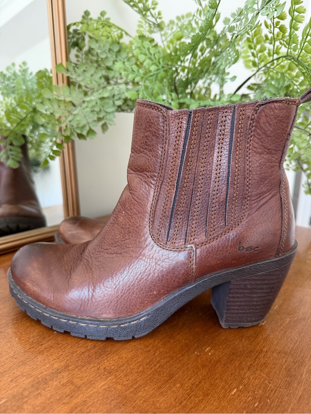 b.o.c. Chestnut Brown Leather Ankle Bootie with Stacked Heel